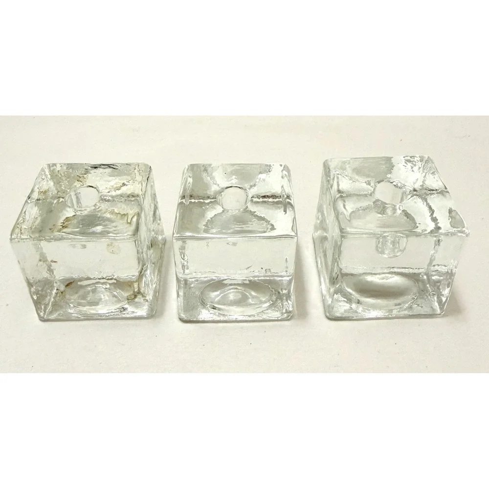 Art Glass VTG Cube Candle Holder Taper Mini Beeswax Candles MCM 3PC Set Findland